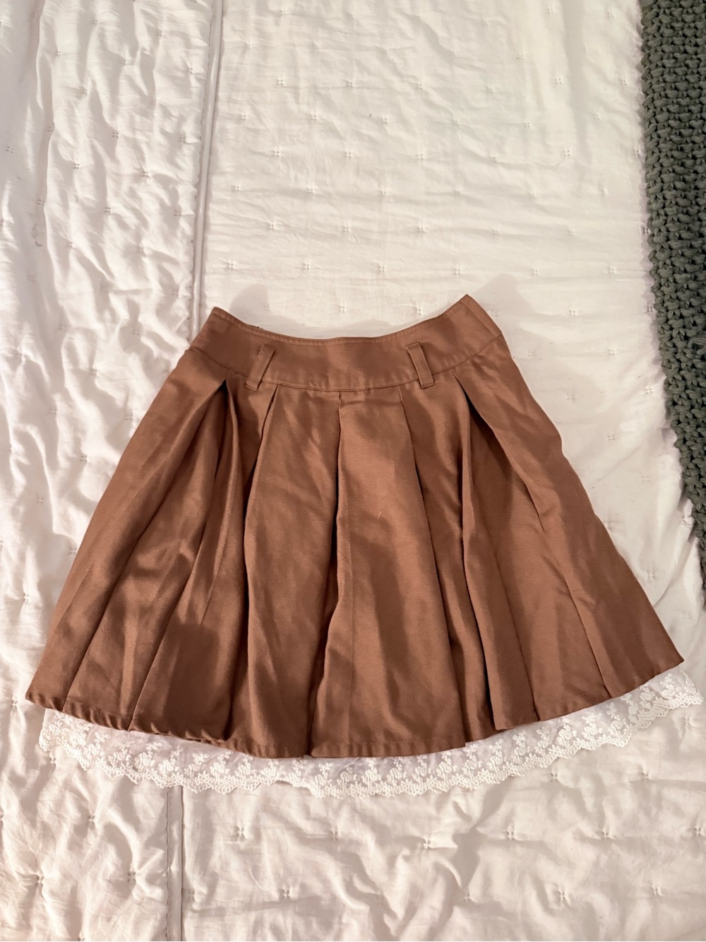 Japanese Brown Pleated Mini Skirt with Lace Trim